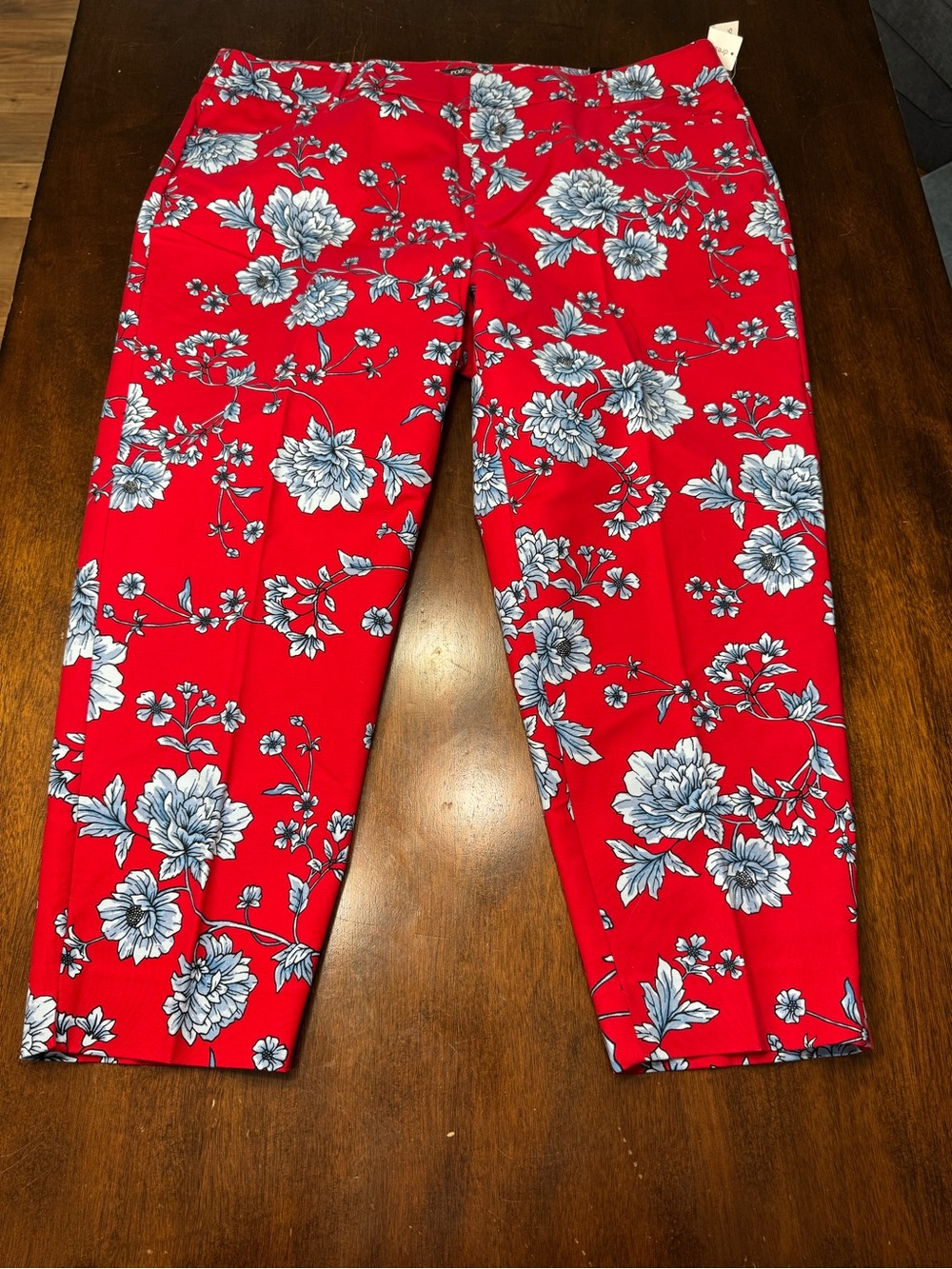 Roz & Ali Red Floral Crop Pants with Blue Blooms